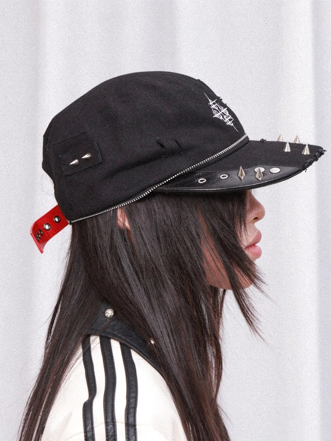DETW | Distressed Embroidered Studded Zipper Flat-Top Baseball Cap