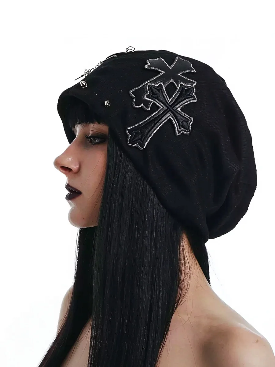OCTO VITA | Black Cross Applique Studded Slouchy Knit Beanie - 3