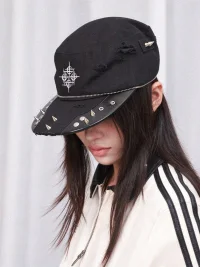 DETW | Distressed Embroidered Studded Zipper Flat-Top Baseball Cap