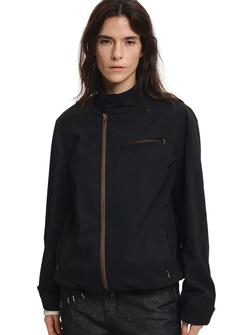 KREATE | Contrast Stand Collar Asymmetric Zip Pocket Jacket