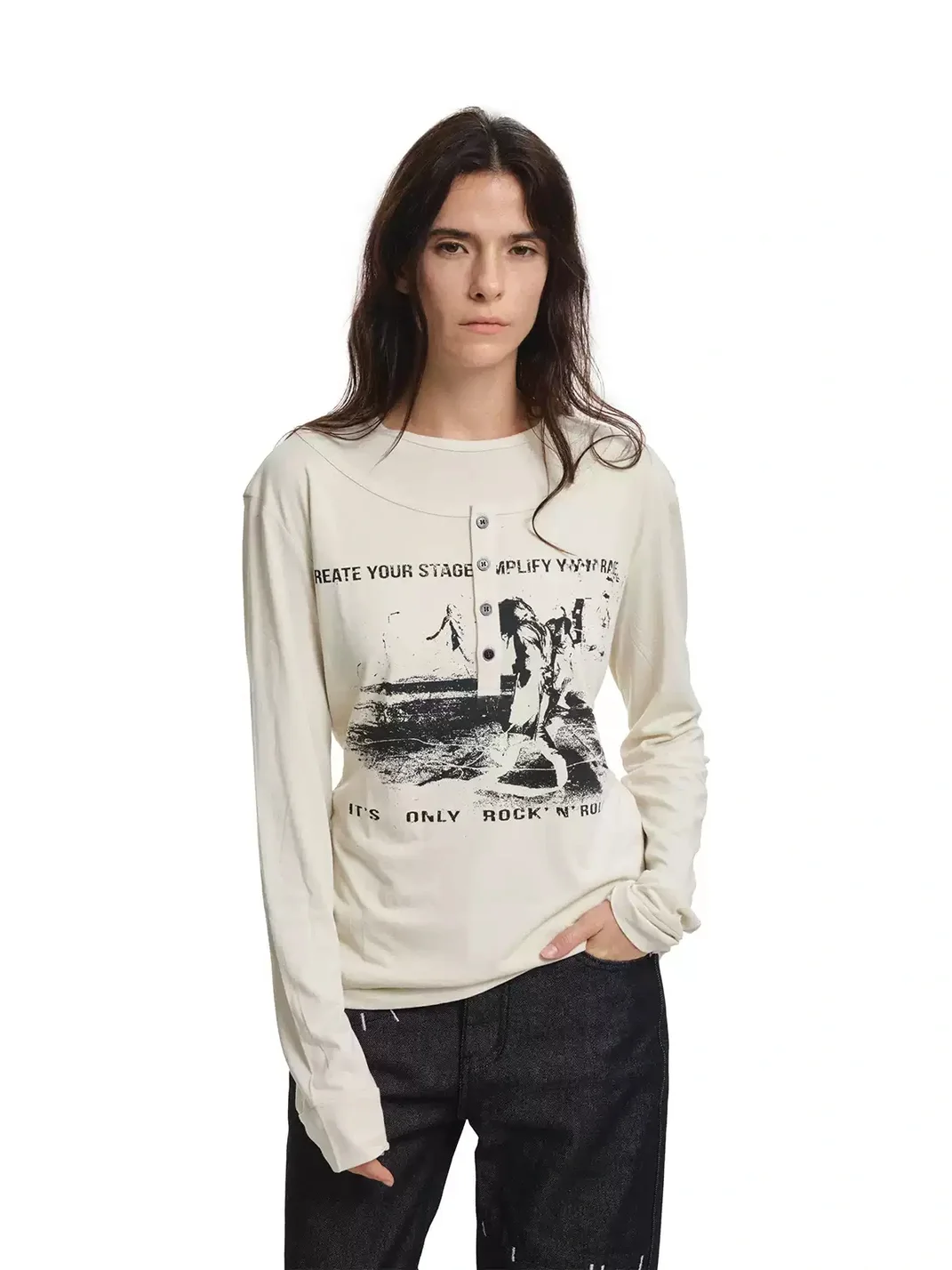 KREATE | Faux-Layered Straight-Shoulder Long-Sleeve Henley T-Shirt