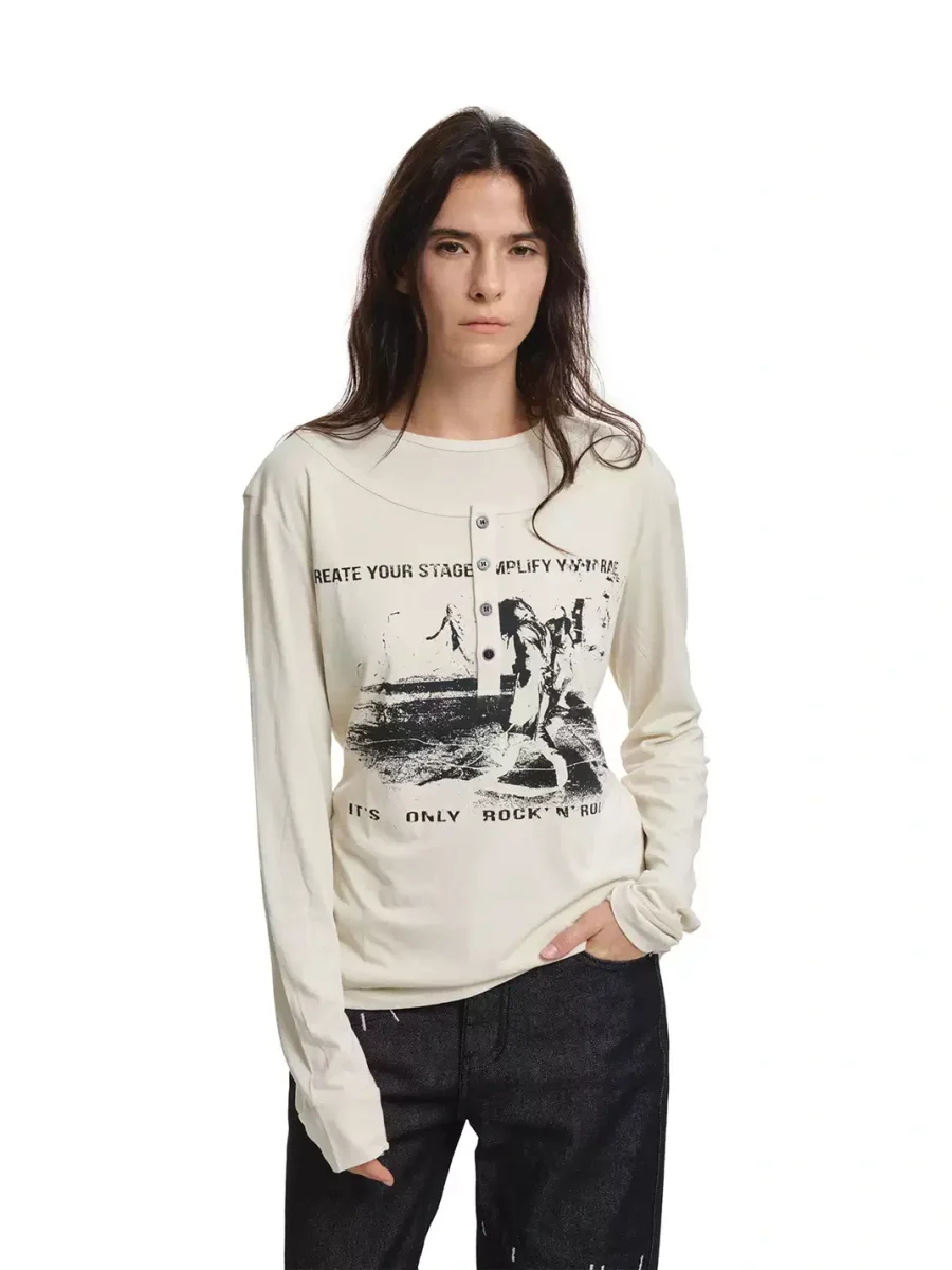 KREATE | Faux-Layered Straight-Shoulder Long-Sleeve Henley T-Shirt - 2