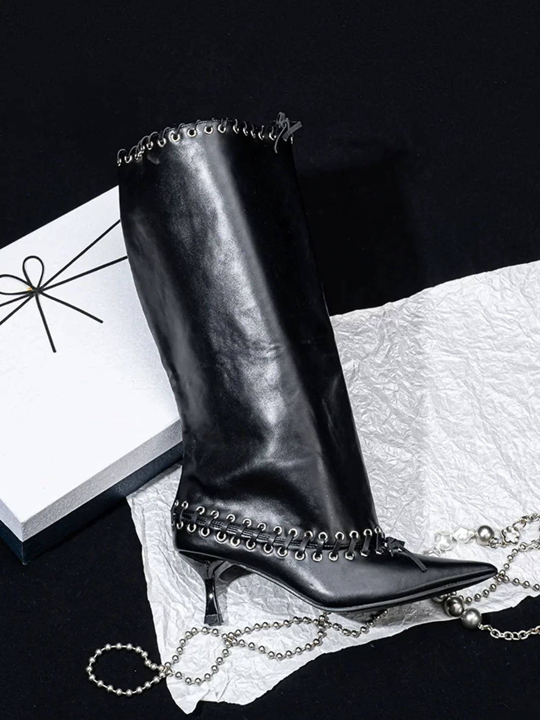 SISTER CURIE | Studded Pointed-Toe Lace-Up Wide-Shaft Slim-Heel Tall Boots