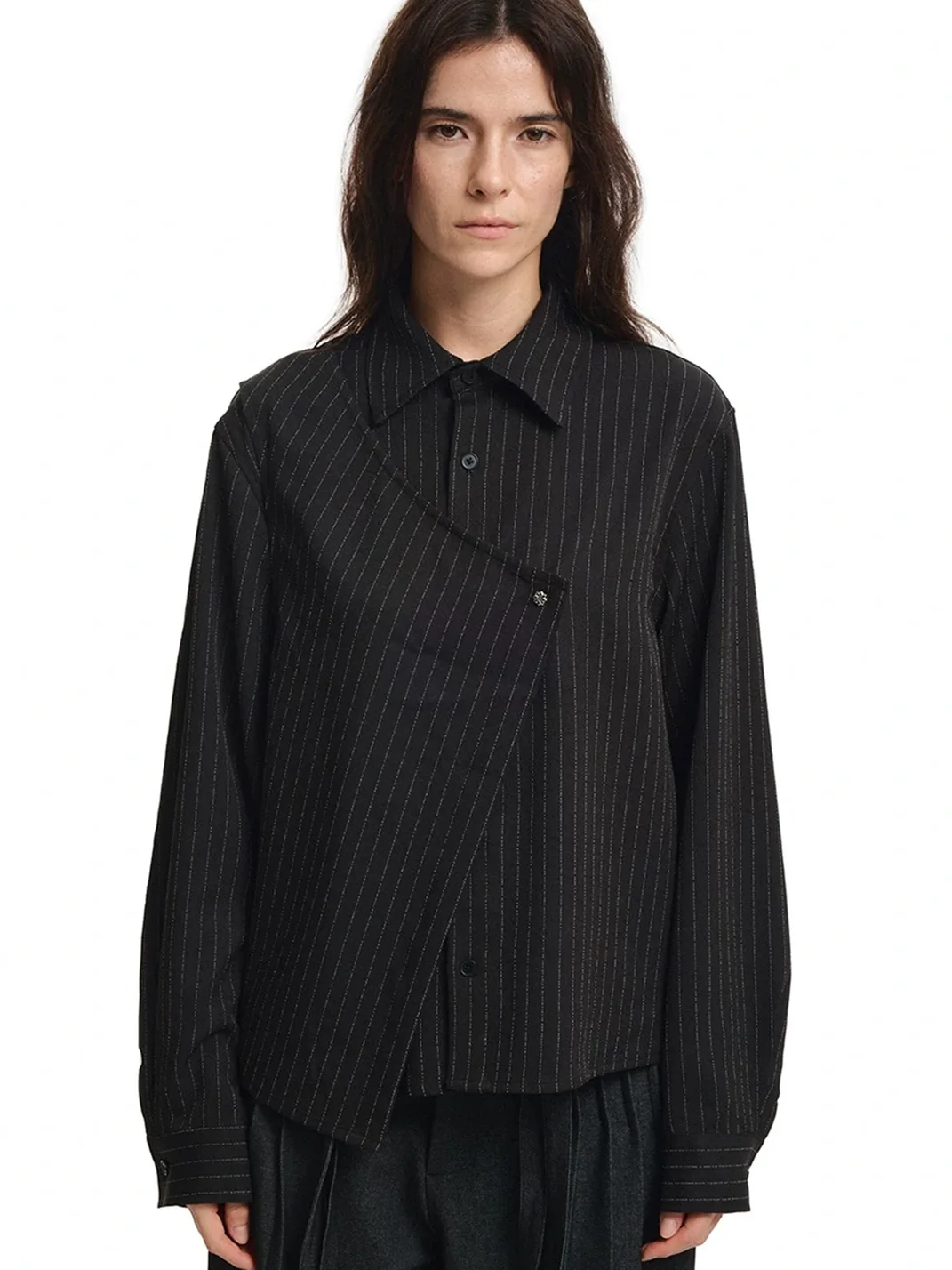 KREATE | Asymmetric Striped Long Sleeve Collared Shirt