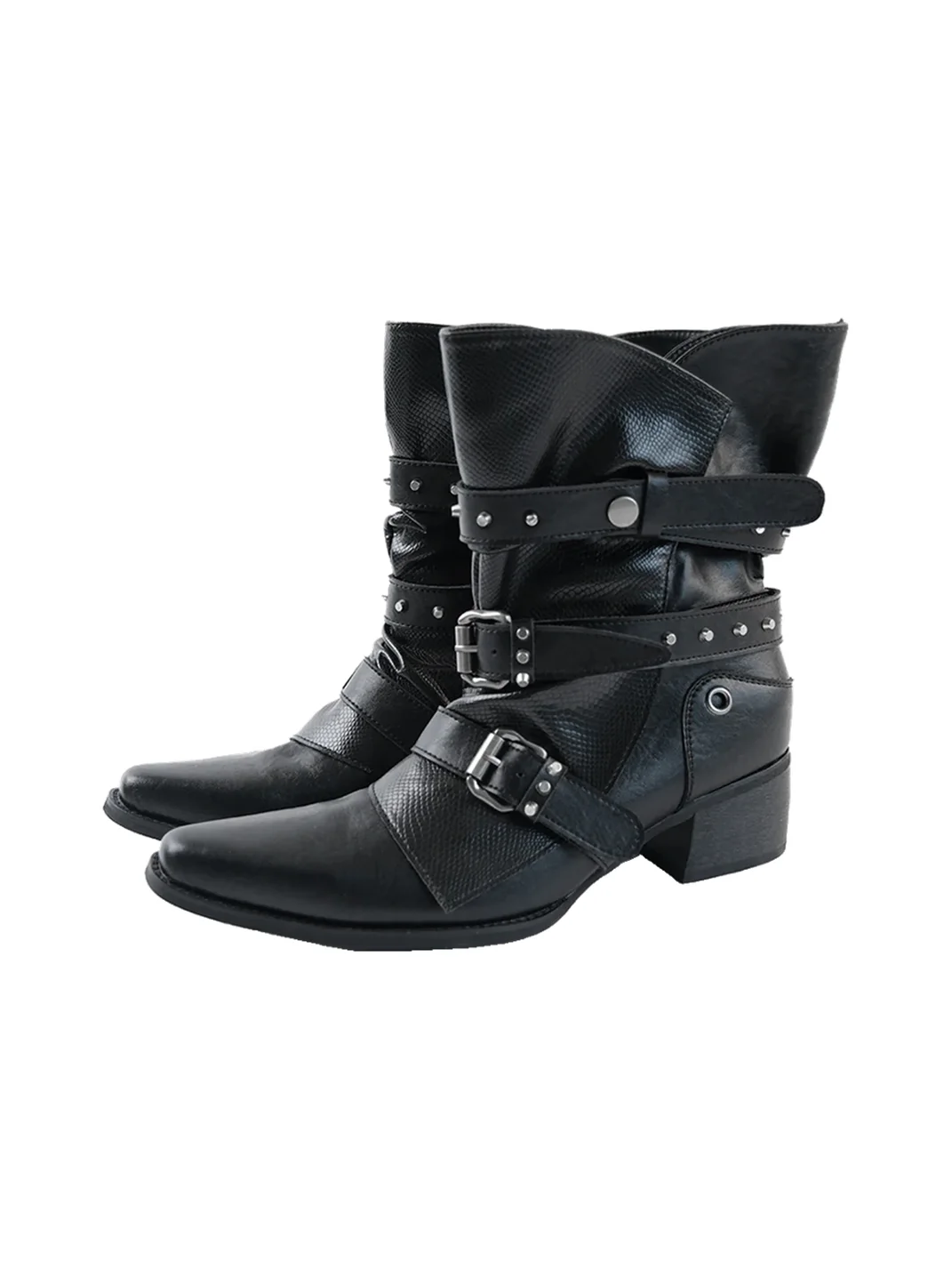 Mooreyu Atelier | Ruched Western Cowhide Pointed-Toe Block-Heel Ankle Boots