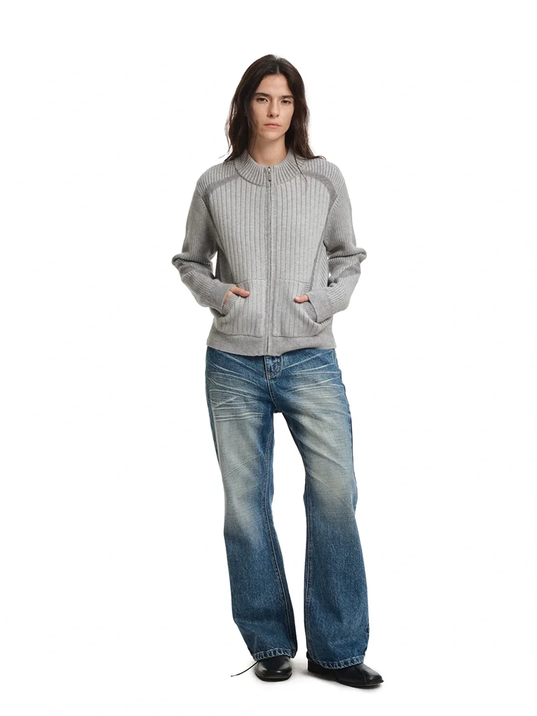 KREATE | Slim Fit Colorblock Stand Collar Zip Cardigan