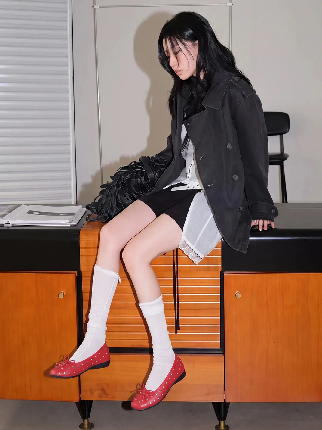 Mooreyu | Red Studded Bow Slip-On Ballet Flats