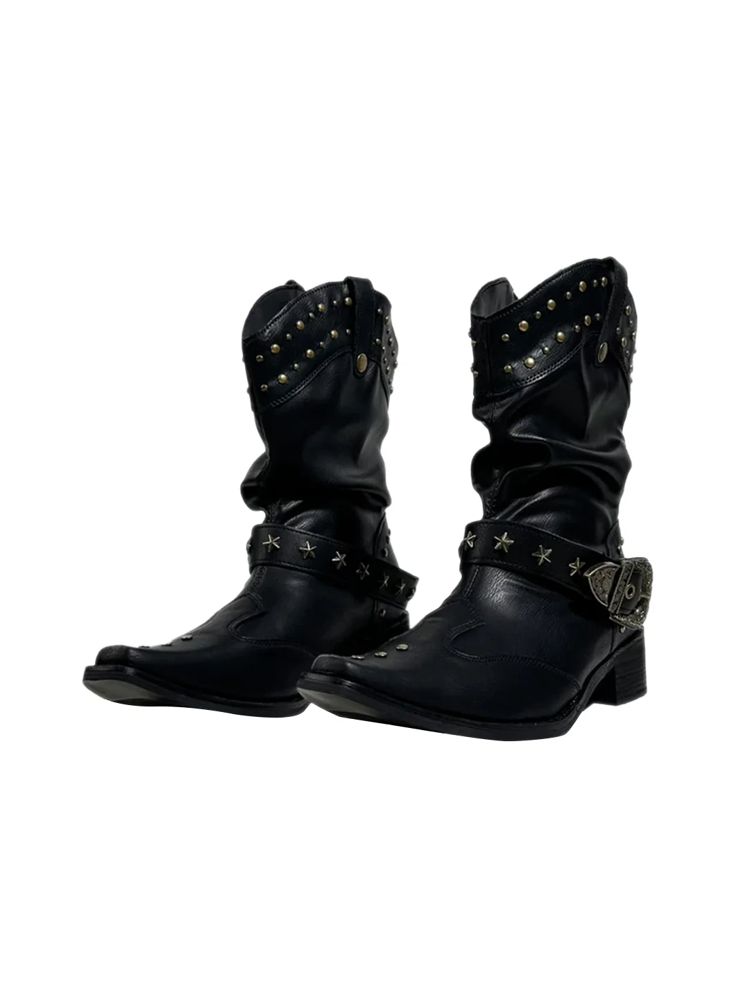 Visual focus | Pointed Toe Studded Buckle Leather Boots