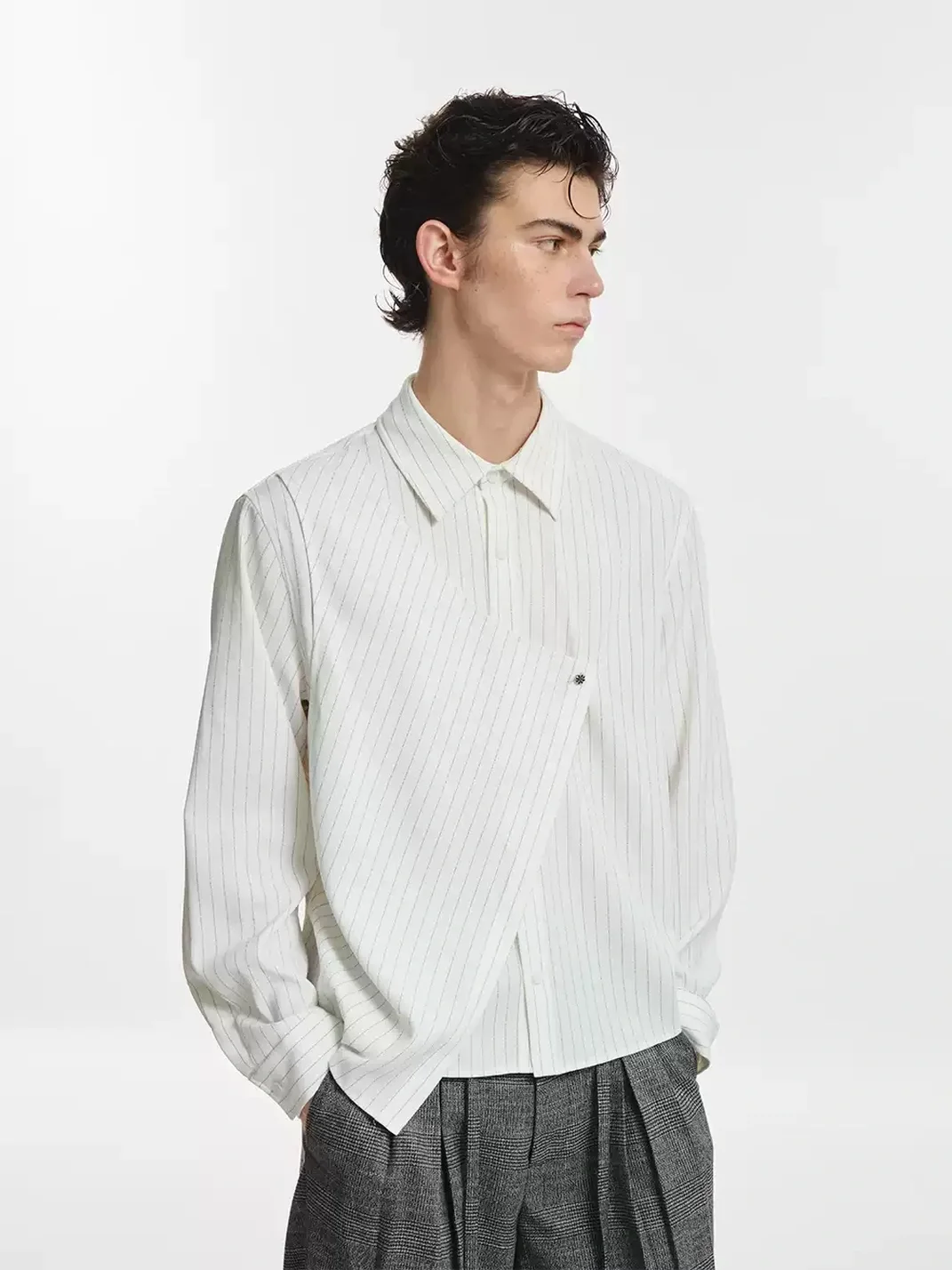 KREATE | Asymmetric Striped Long Sleeve Collared Shirt