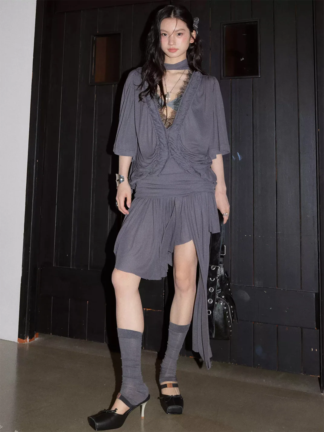 Jnylon studios | Loose Deep V Asymmetric T-Shirt Dress
