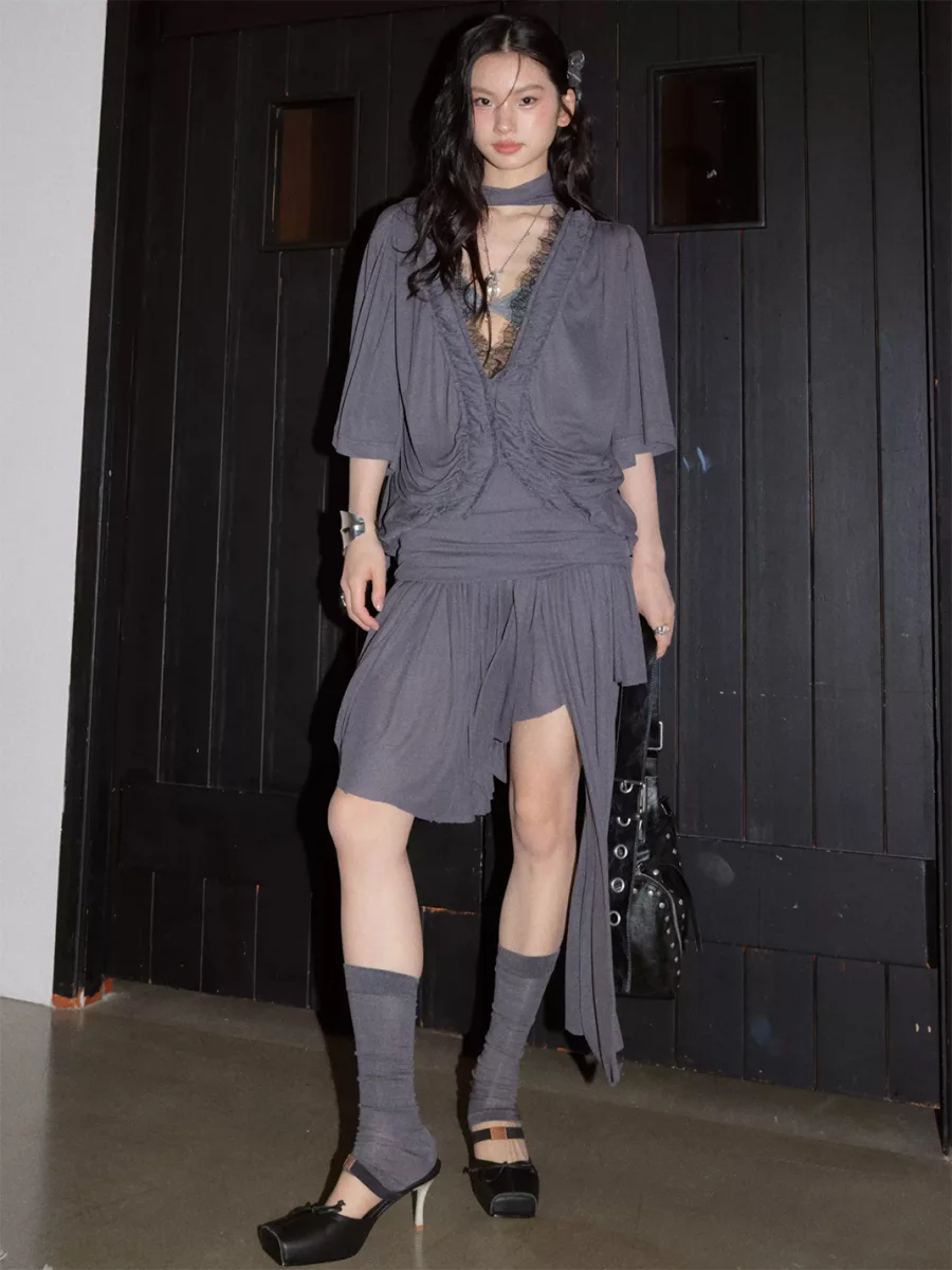 Jnylon studios | Loose Deep V Asymmetric T-Shirt Dress - 3
