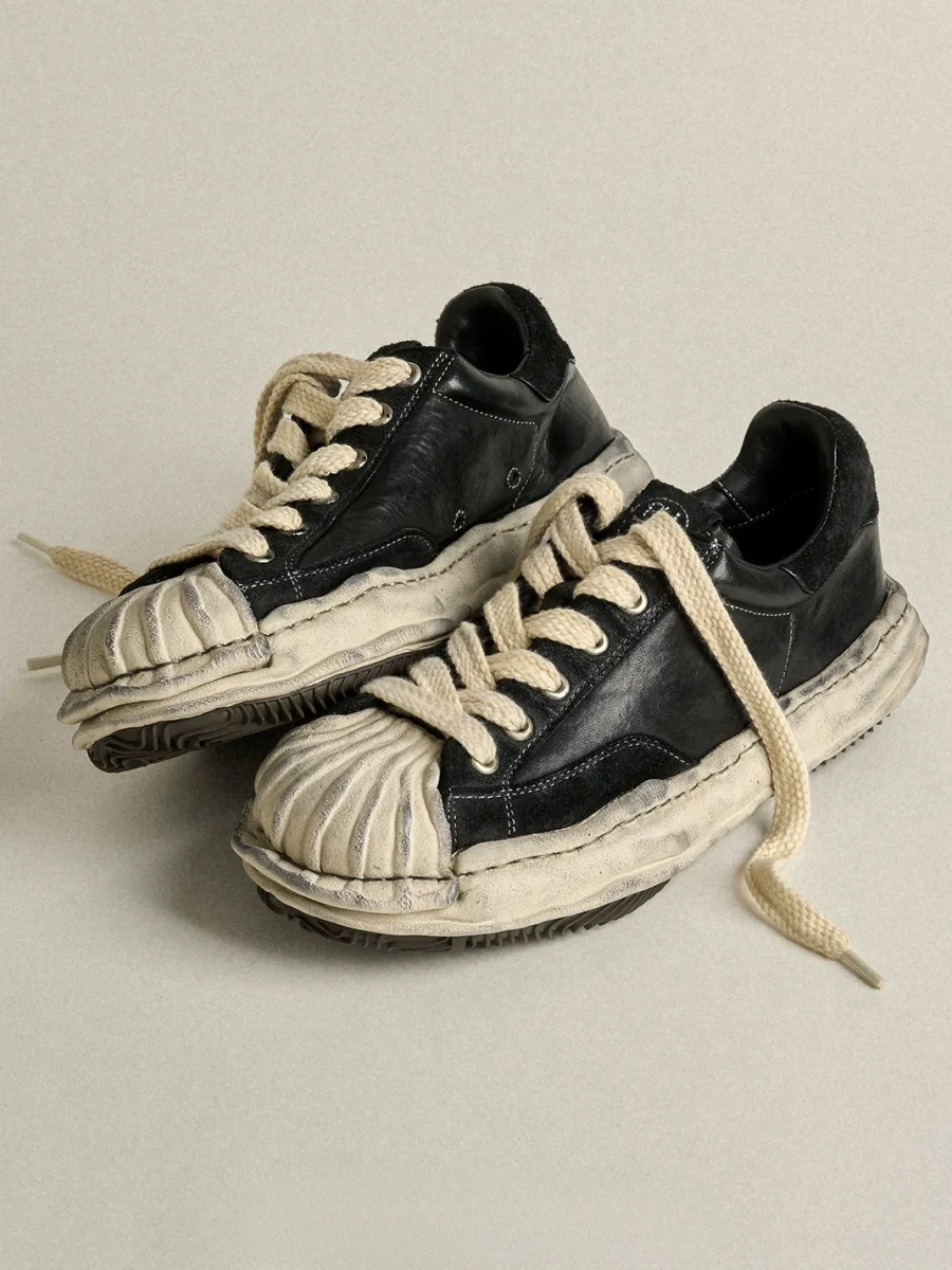 PIPG | Distressed Shell-Toe Leather Platform Sneakers - 3