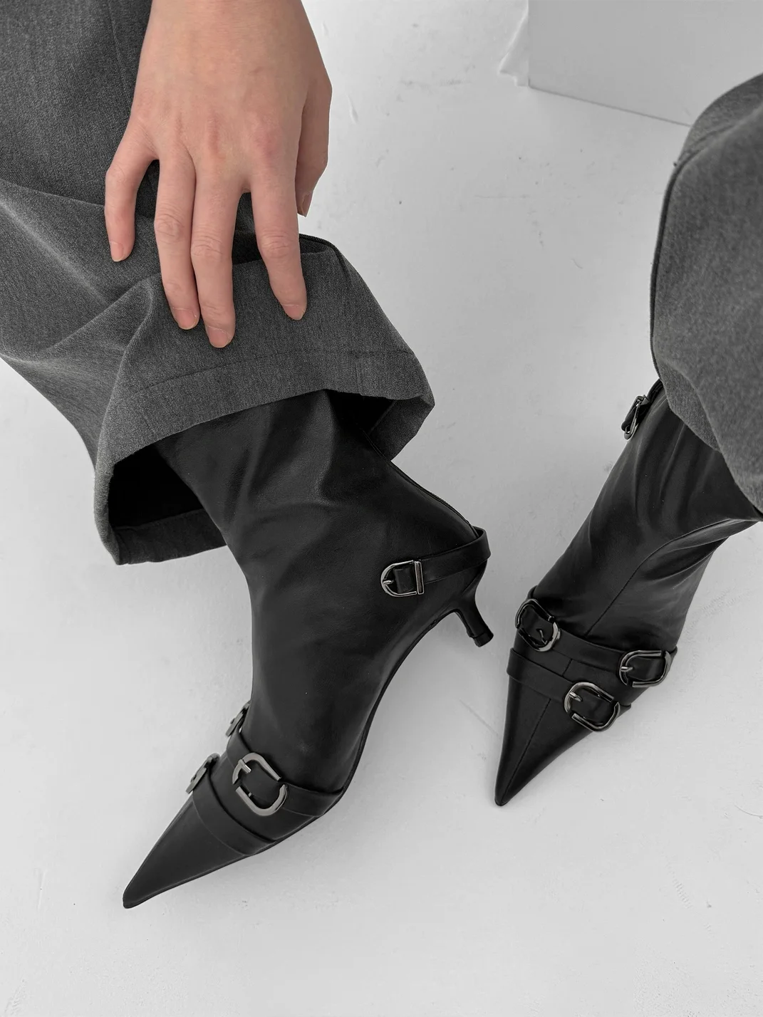 Abstract garden | Pointed-Toe Buckle High-Heel Ankle Boots