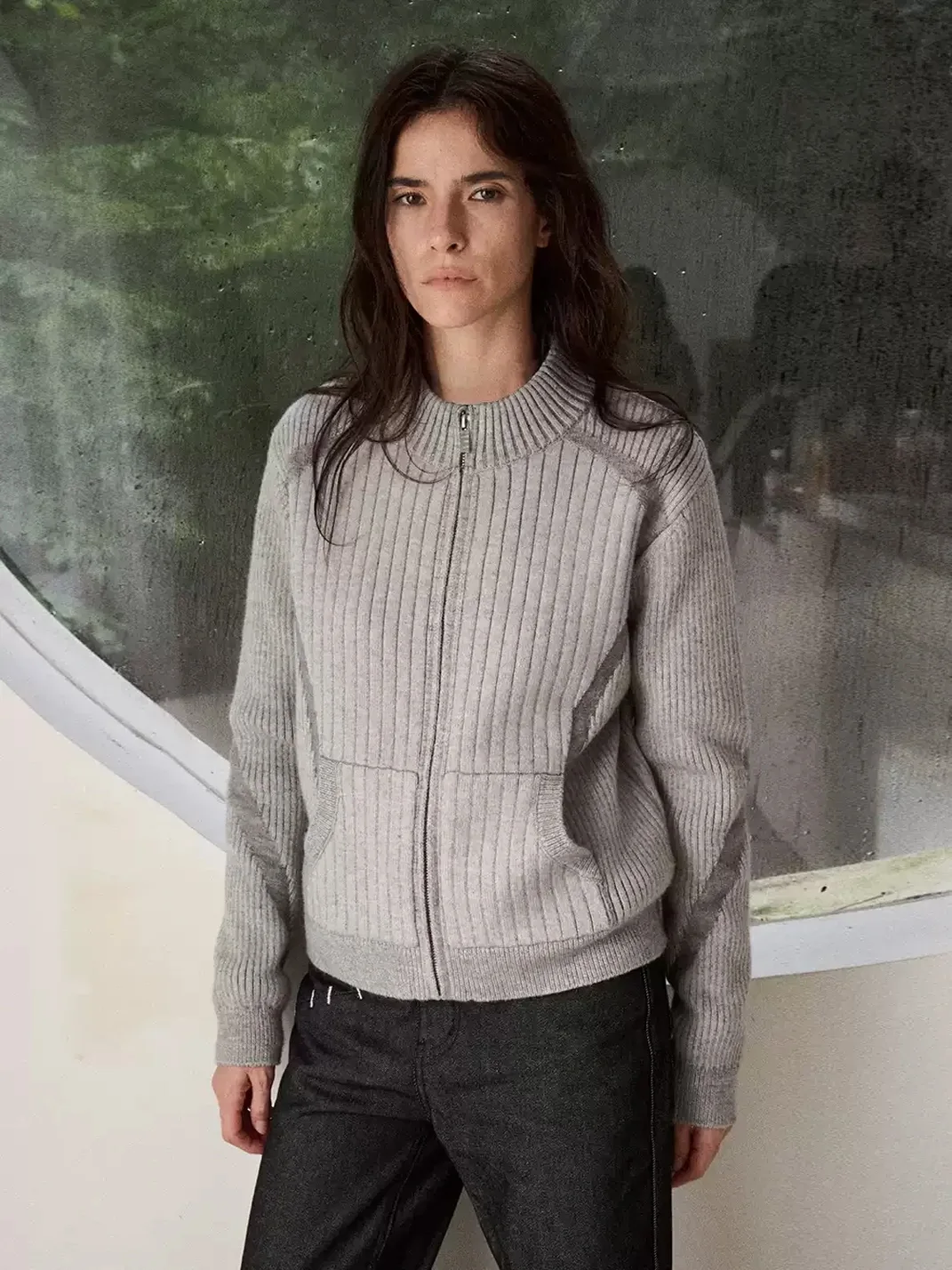KREATE | Slim Fit Colorblock Stand Collar Zip Cardigan