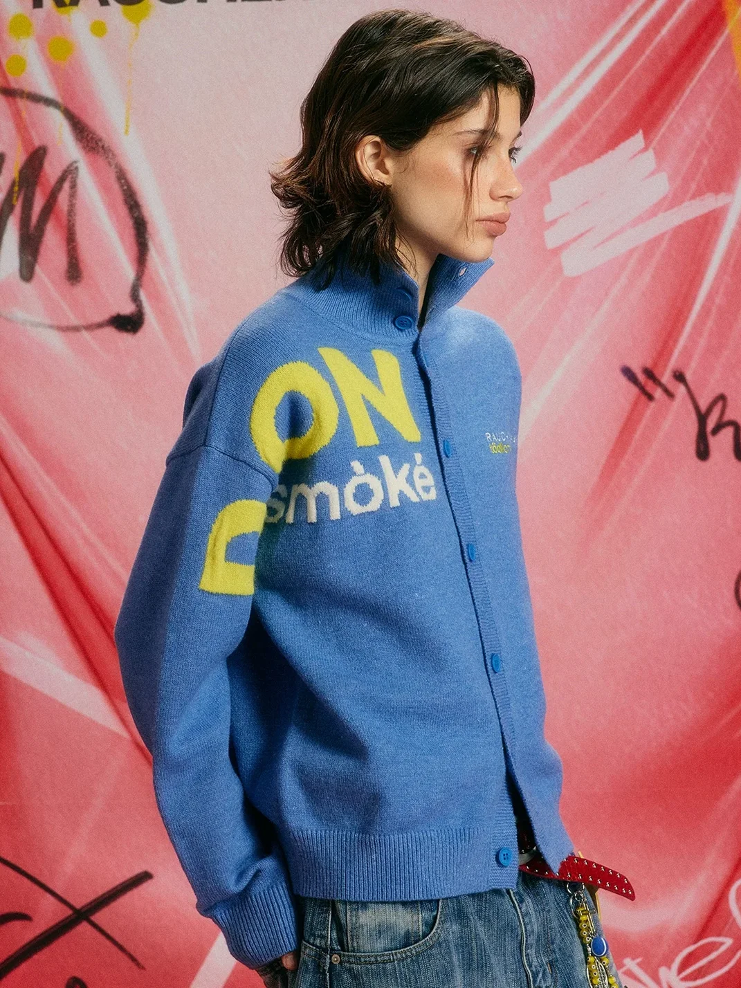 DONSMOKE | Stand Collar Letter Knit Cardigan