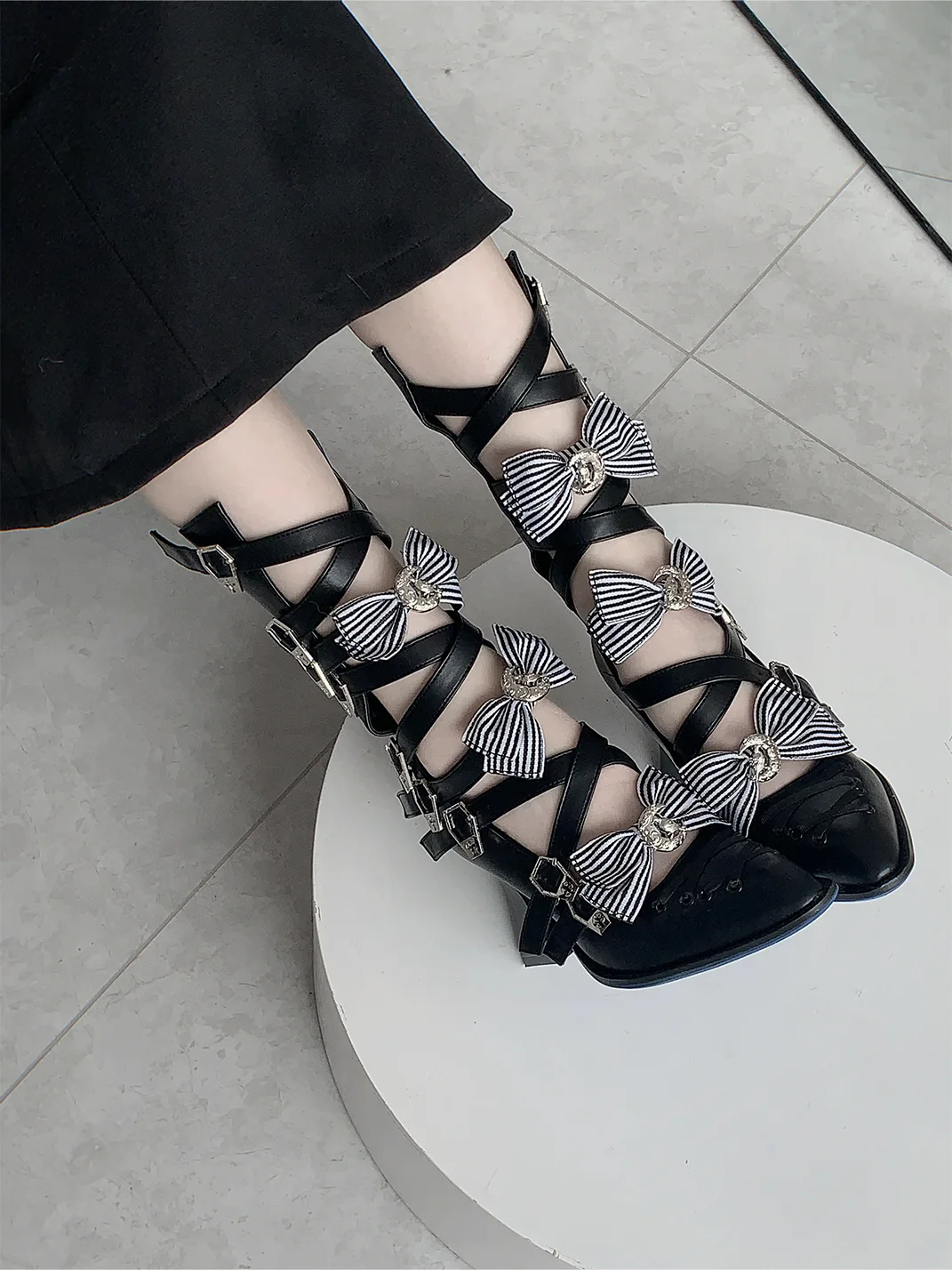 NRose | Gothic Cross Strappy Pointed-Toe Cutout High-Heeled Boots