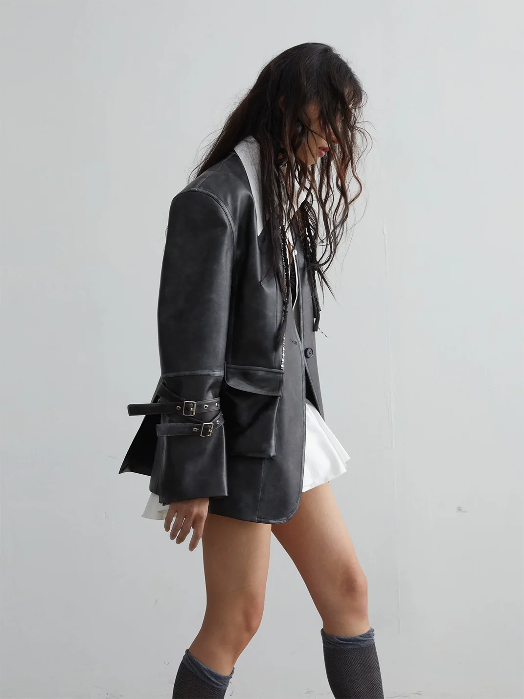 Jnylon studios | Distressed Wide-Shoulder Faux Leather Pocket Jacket