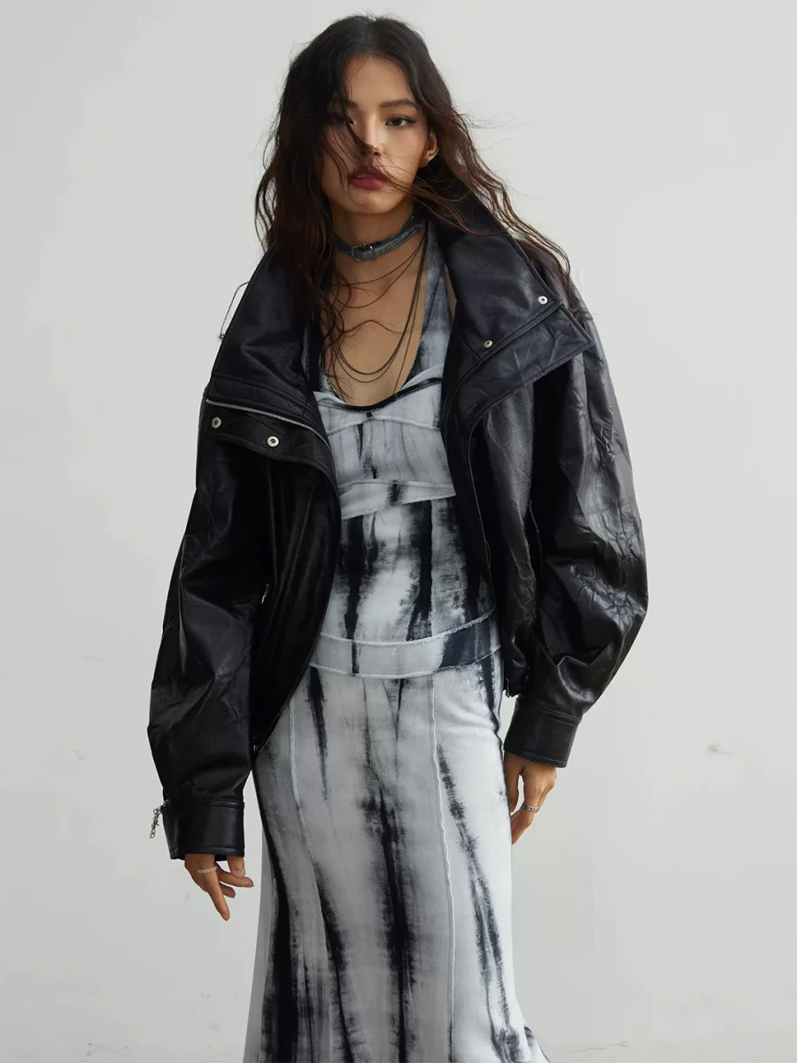 Jnylon studios | Retro Faux Leather Jacket With Detachable Oversized Collar - 3