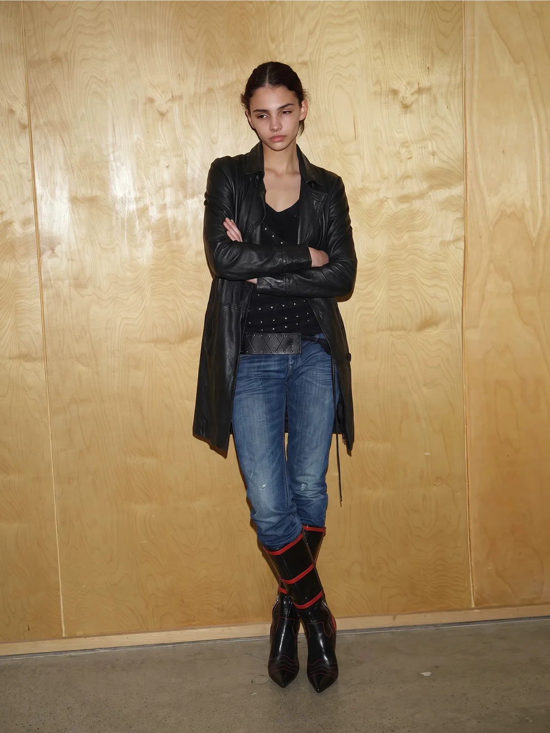 Mooreyu Atelier | Pointed-Toe Leather Strap Tall Stiletto Boots