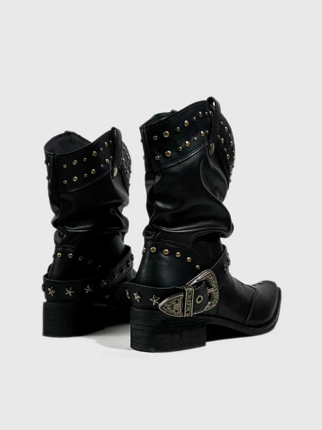 Visual focus | Pointed Toe Studded Buckle Leather Boots