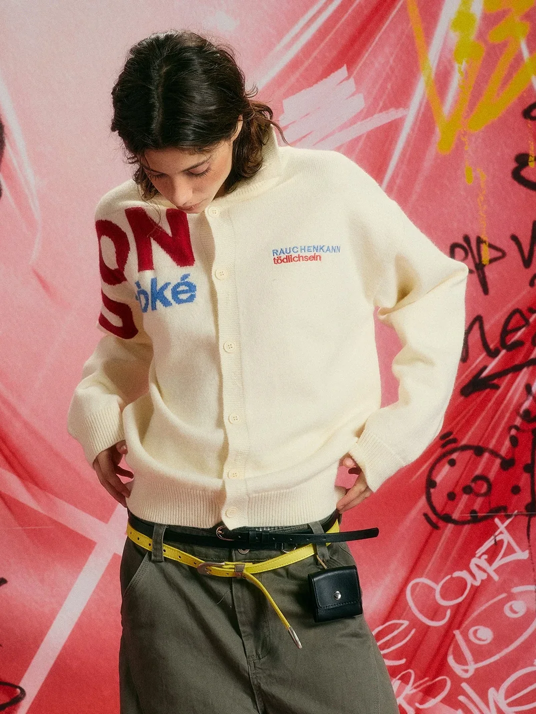 DONSMOKE | Stand Collar Letter Knit Cardigan