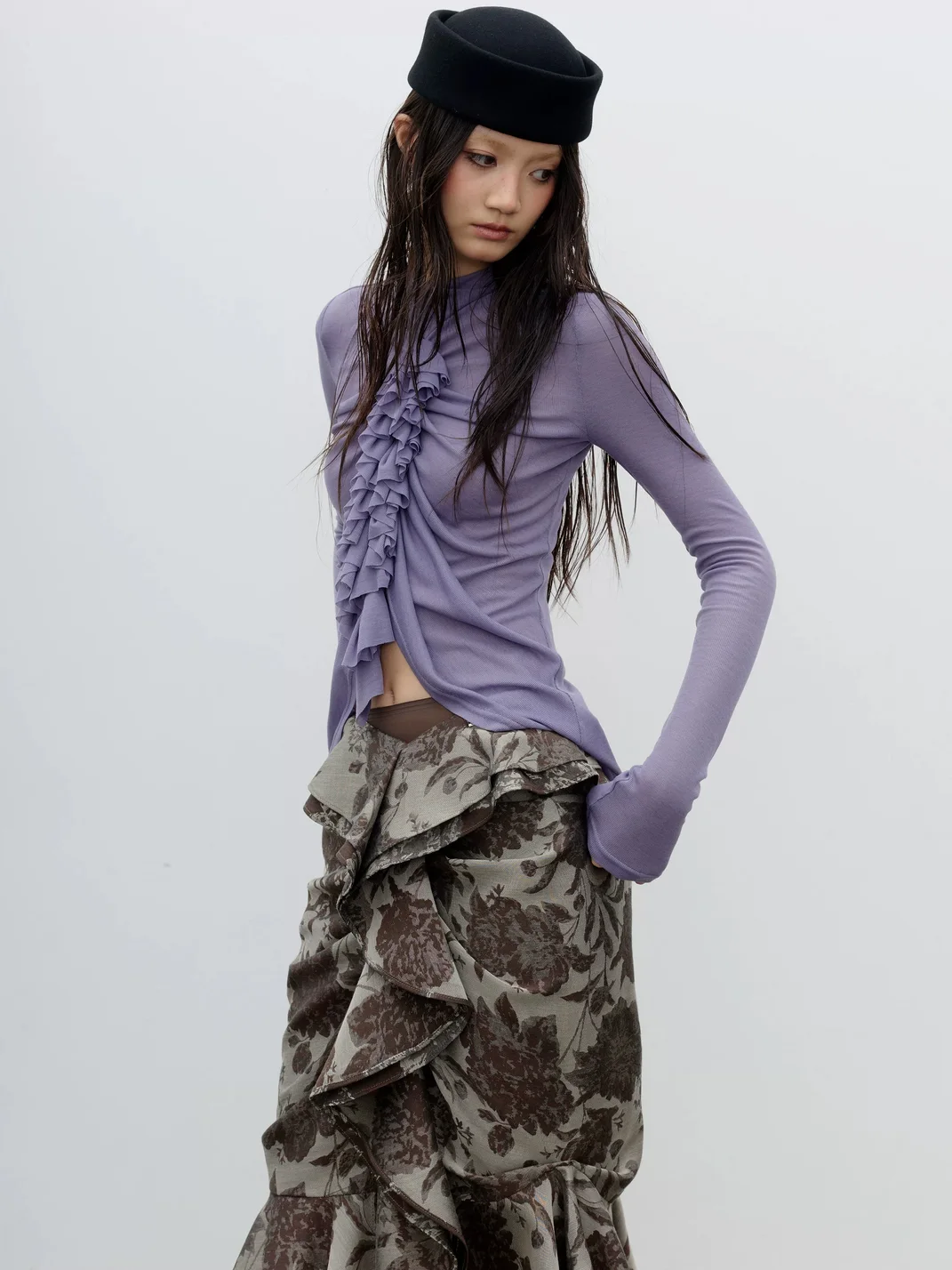 Jnylon studios | Slim Fit Ruched Lace Long Sleeve T-Shirt