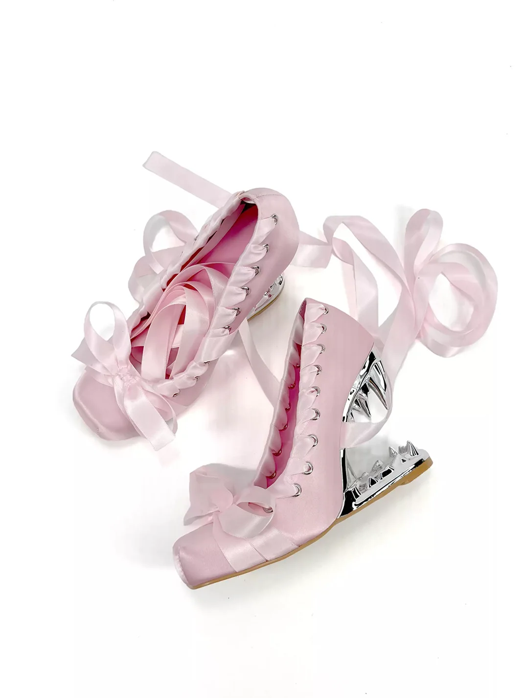 Dolly Bae | Pink Satin Fang-Heel Lace-Up Heels