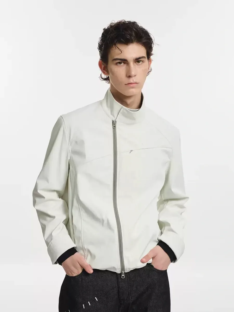 KREATE | Contrast Stand Collar Asymmetric Zip Pocket Jacket - 2