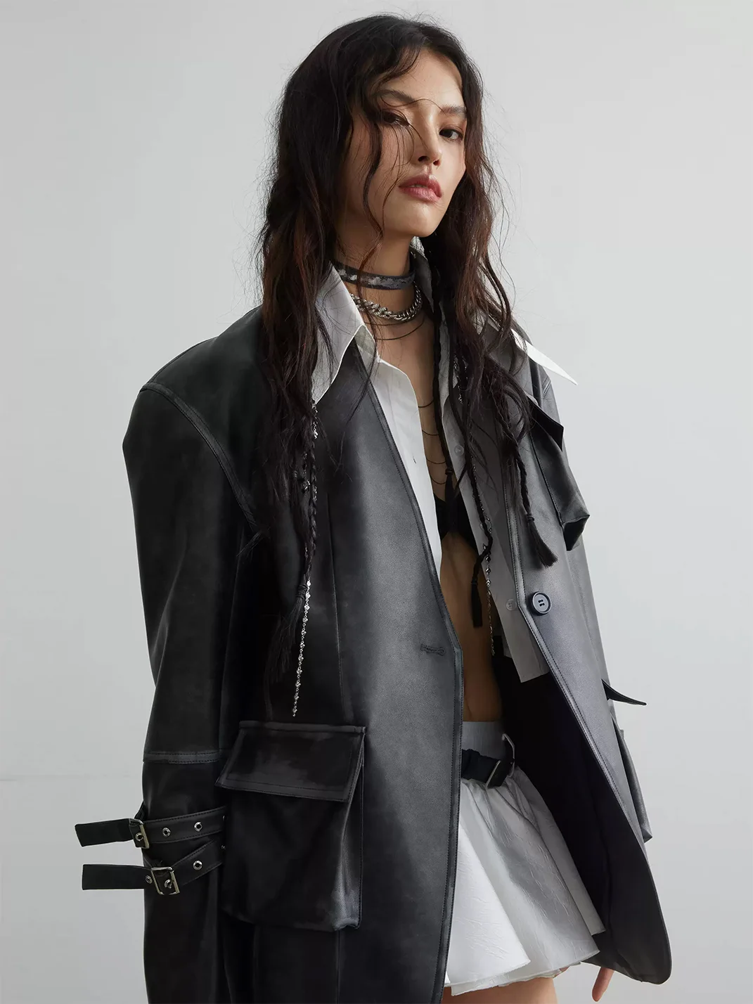 Jnylon studios | Distressed Wide-Shoulder Faux Leather Pocket Jacket