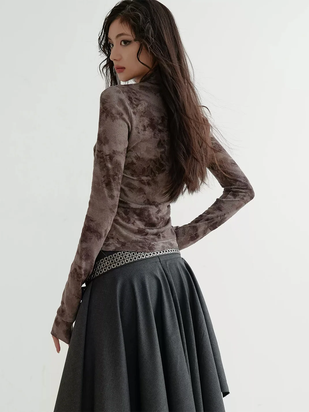 Jnylon studios | Distressed Flocked Print Tie-Neck Long-Sleeve Button Top