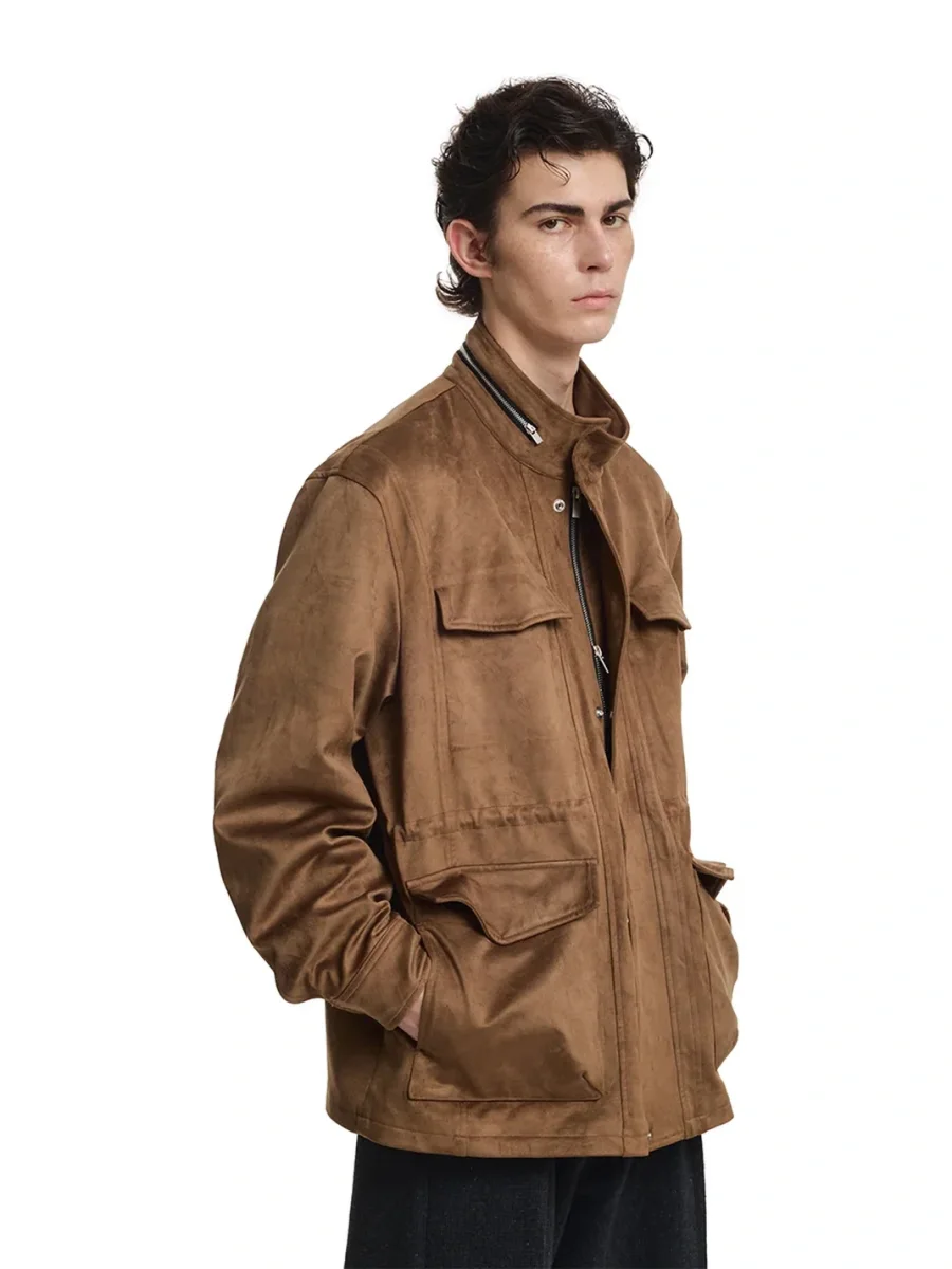 KREATE | Suede-Texture Stand-Collar Multi-Pocket Zip Jacket - 2