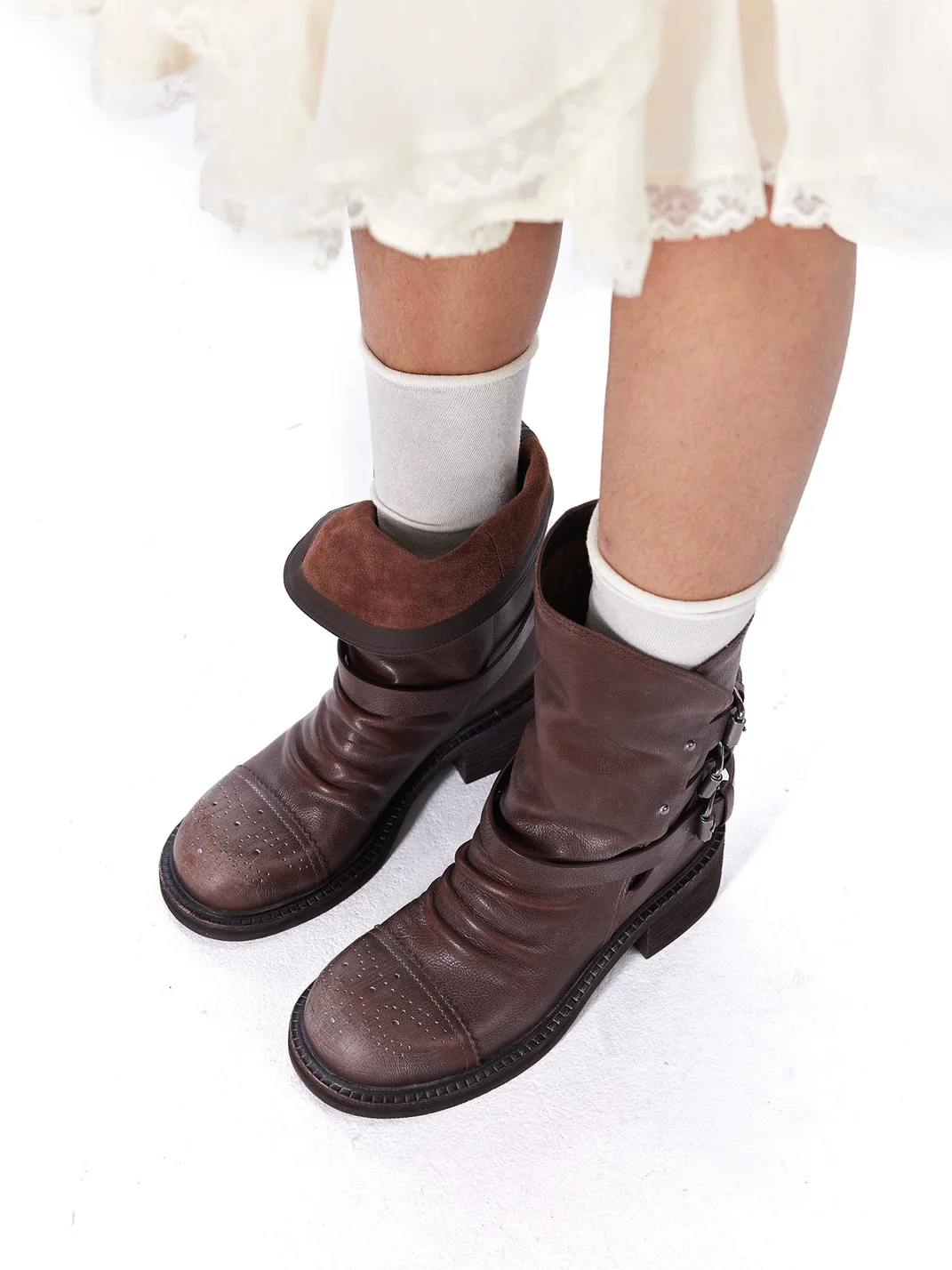 Arcadiagyal | Distressed Leather Fold-Over Slip-On Engineer Boots