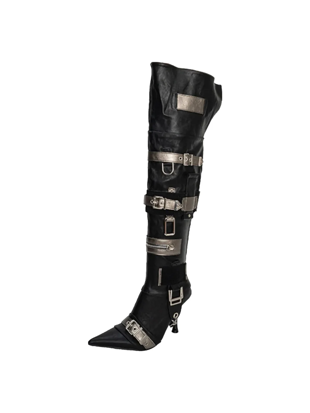 SISTER CURIE | Pointed-Toe Over-the-Knee Metal Buckle Stiletto Boots