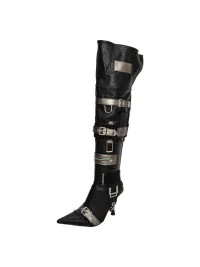 SISTER CURIE | Pointed-Toe Over-the-Knee Metal Buckle Stiletto Boots