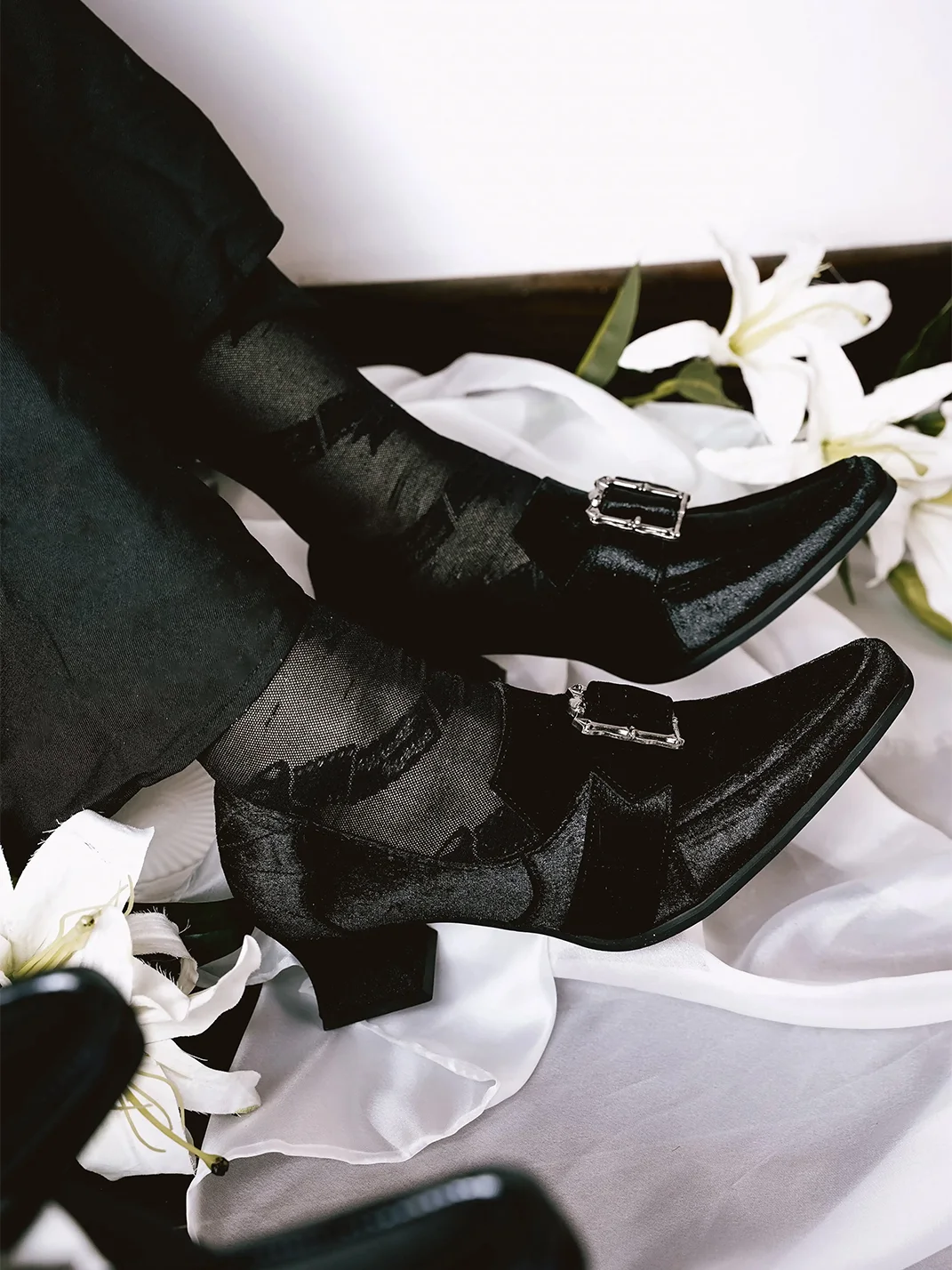 EvilStar | Gothic Black Velvet Goblet-Heel Mary Jane Shoes