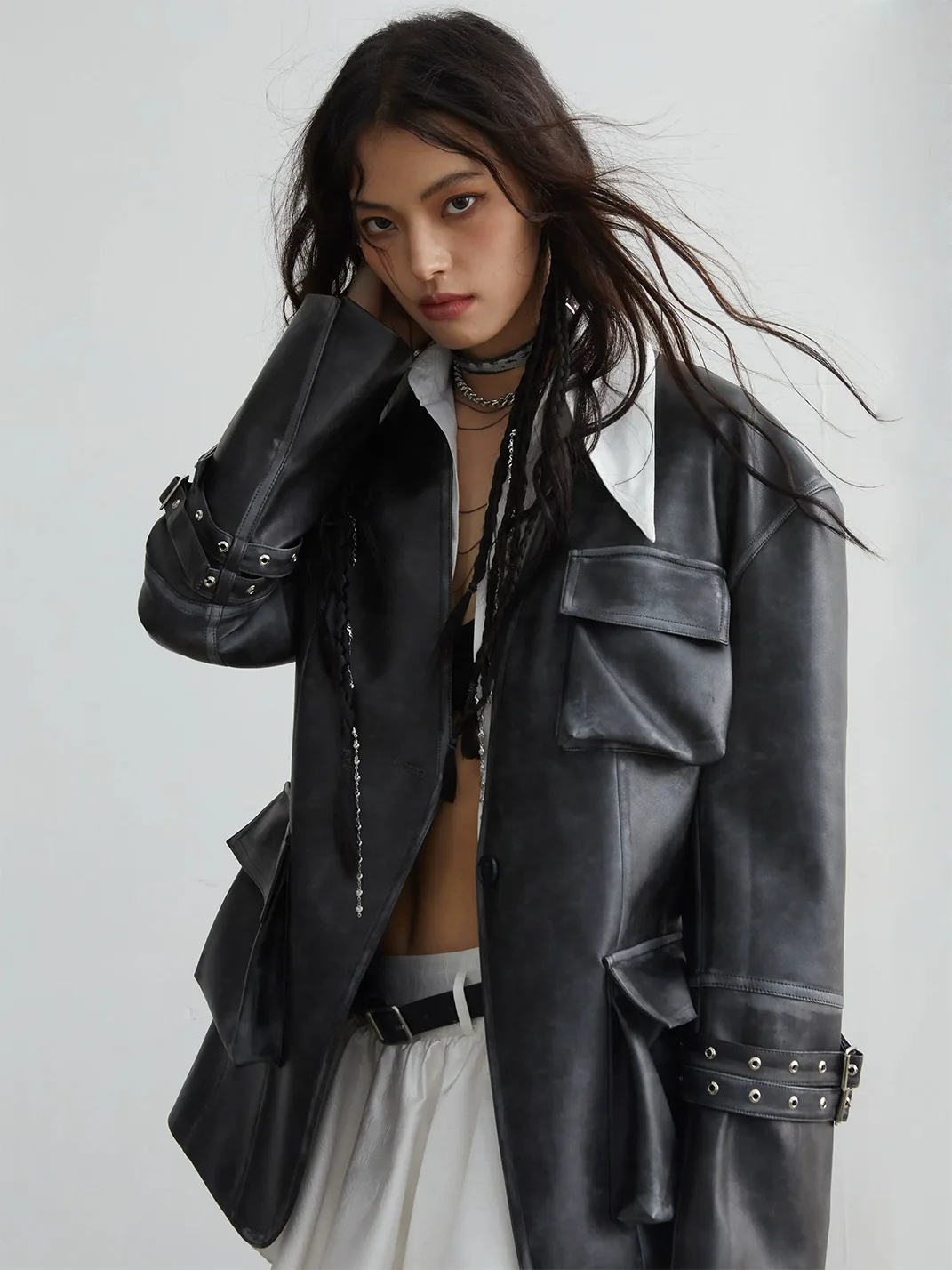 Jnylon studios | Distressed Wide-Shoulder Faux Leather Pocket Jacket