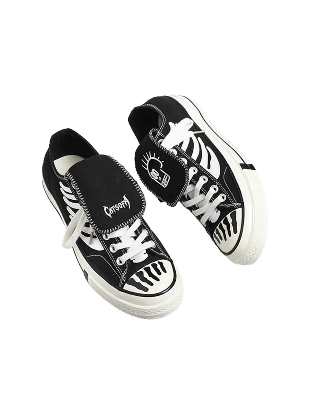 Catsofa | Skull Bone Print Low-Top Lace-Up Canvas Sneakers