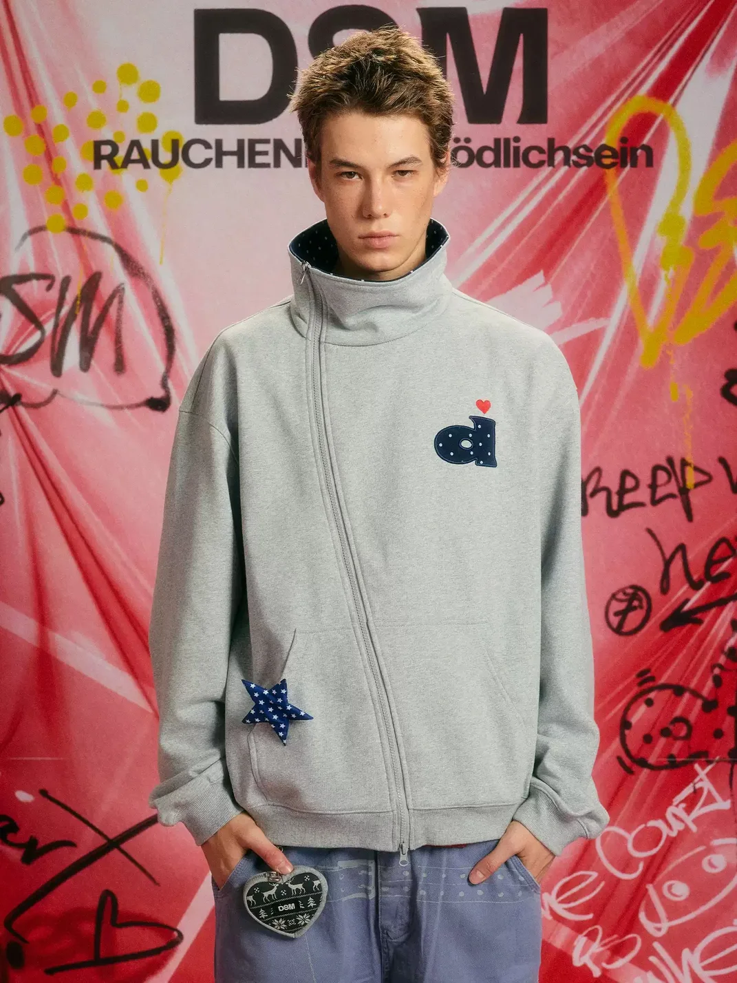 DONSMOKE | Loose Fit Polka Dot Asymmetric Zip Sweatshirt