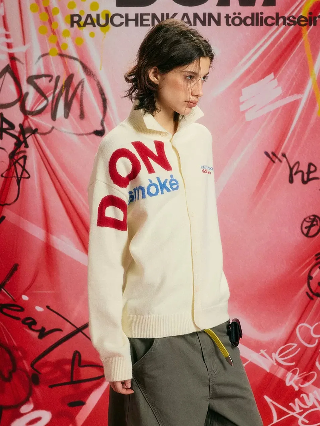 DONSMOKE | Stand Collar Letter Knit Cardigan