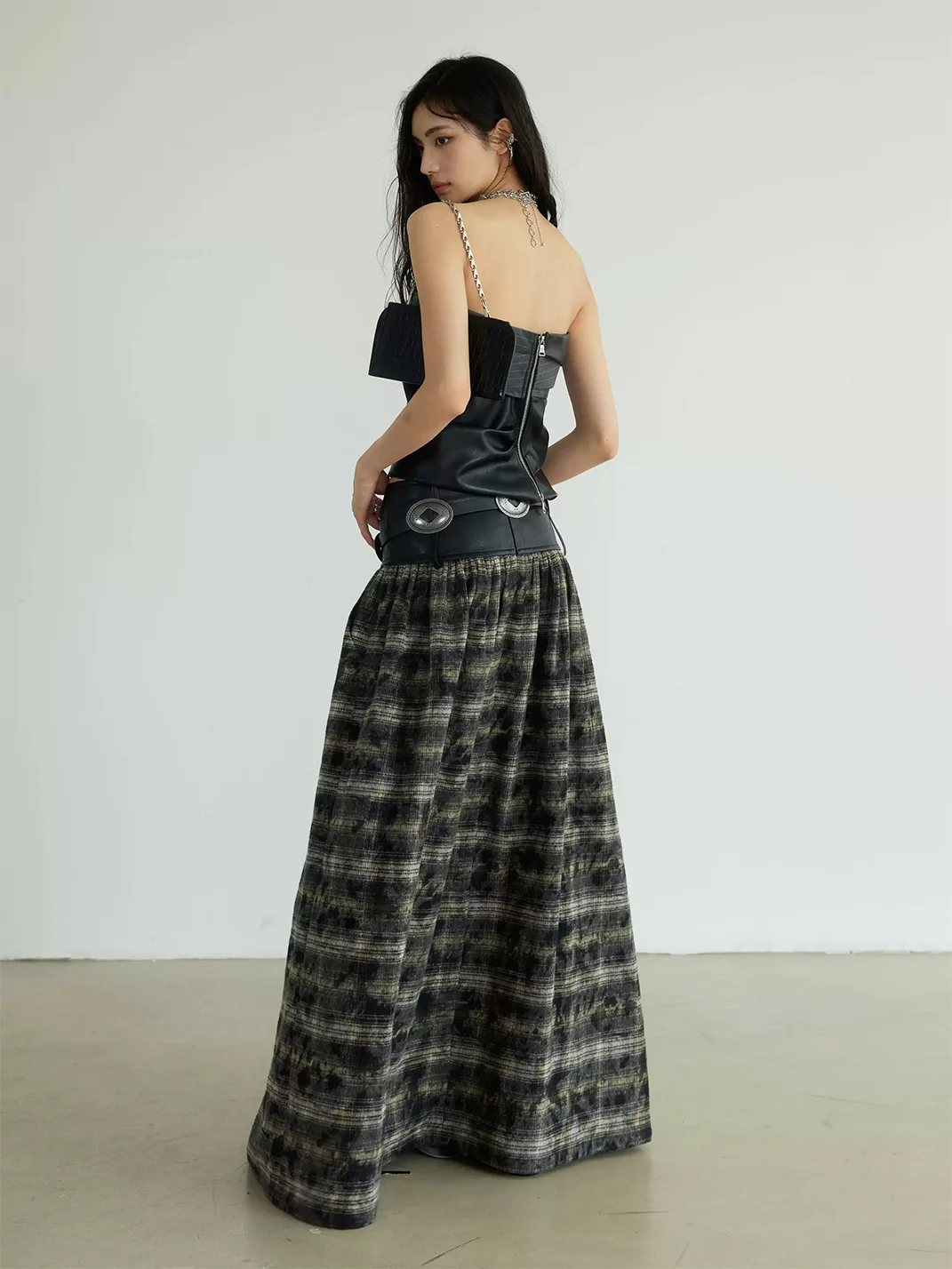 Jnylon studios | Low-Rise Distressed Plaid Maxi Skirt