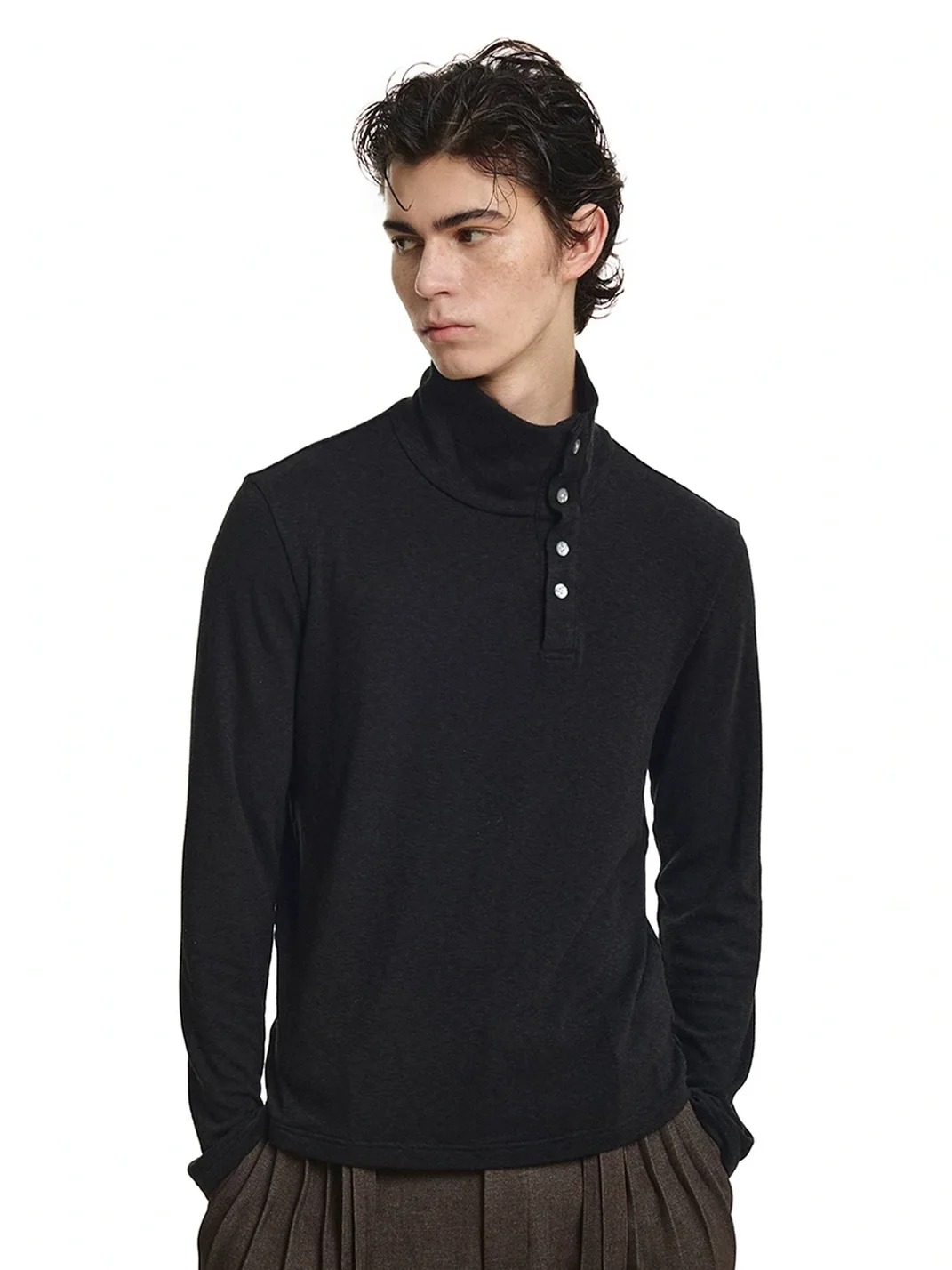 KREATE | Marled Long Sleeve Mock Neck Henley T-Shirt