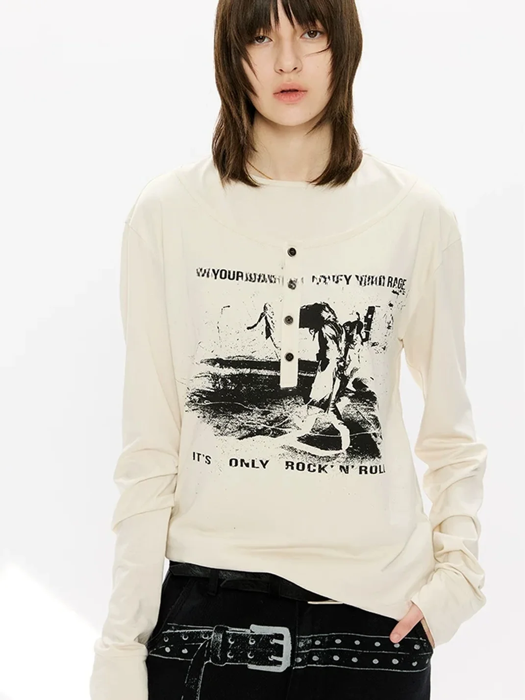 KREATE | Faux-Layered Straight-Shoulder Long-Sleeve Henley T-Shirt