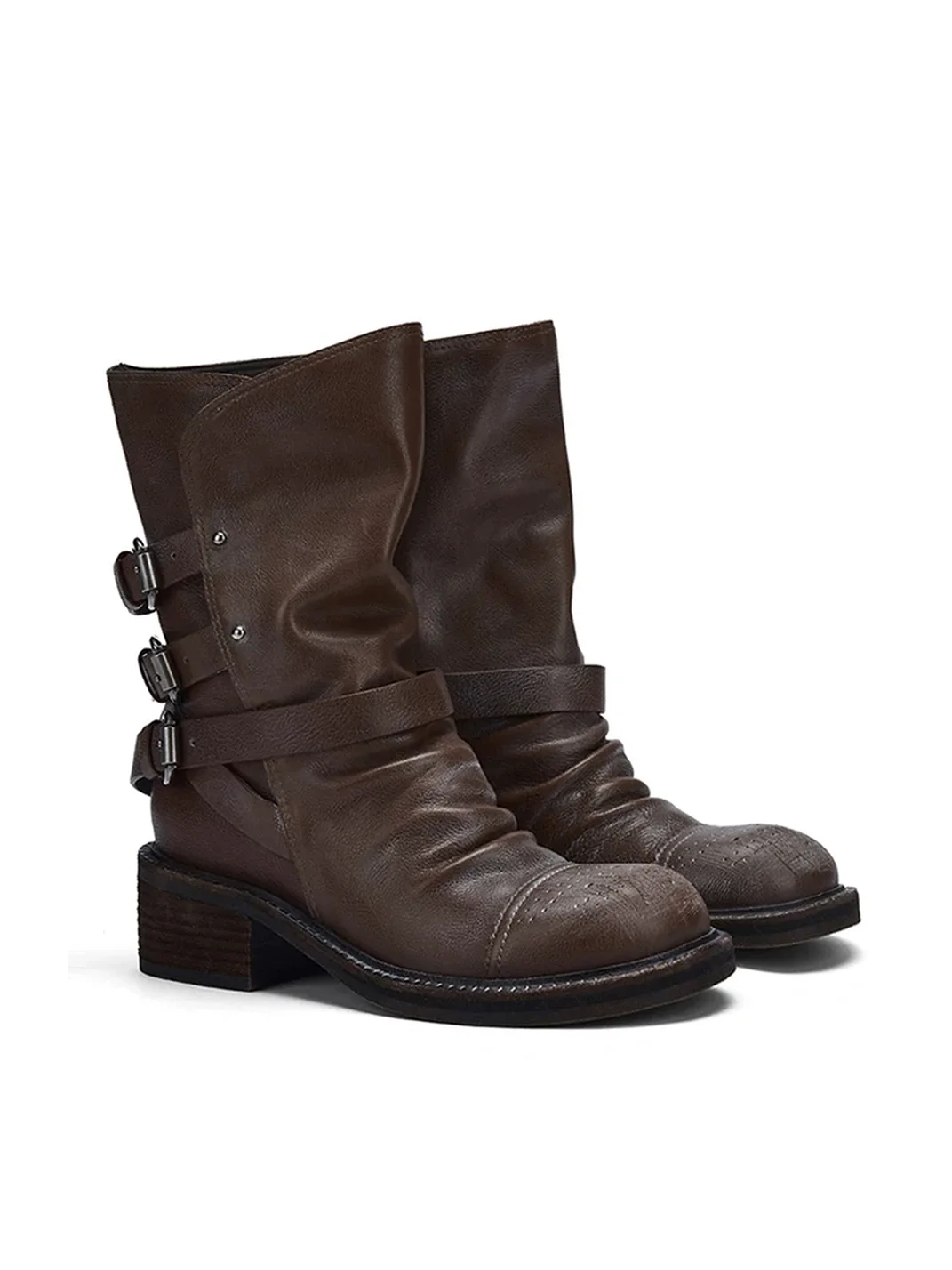 Arcadiagyal | Distressed Leather Fold-Over Slip-On Engineer Boots