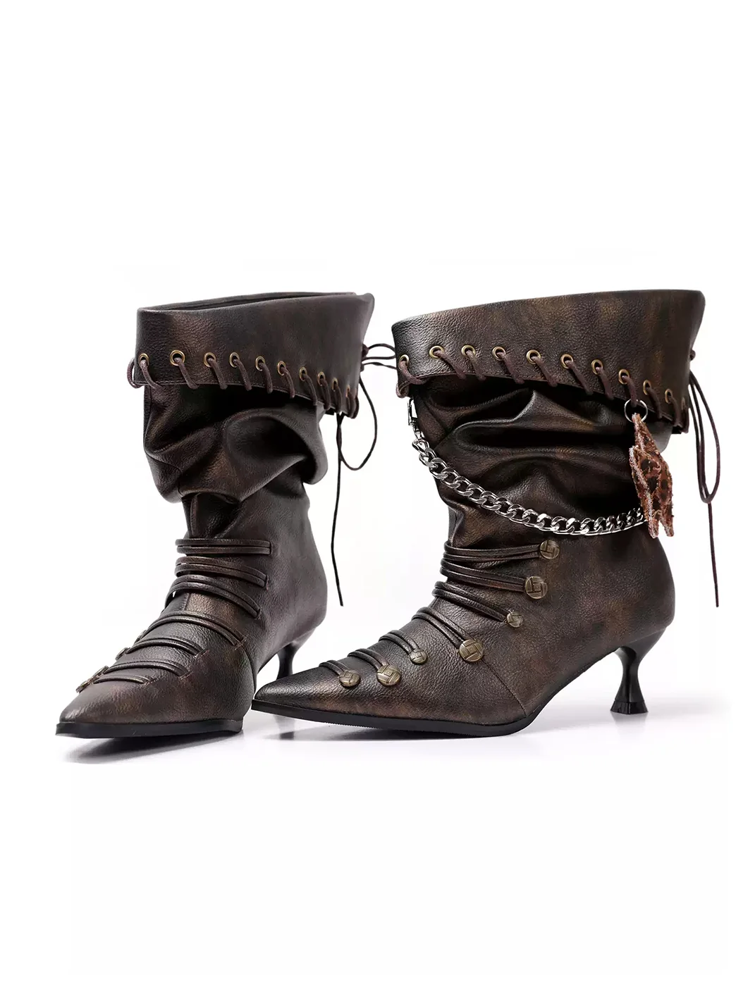 PINJIAHUI | Pointed-Toe Slouchy Lace-Up Buckle Mid-Calf Boots