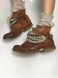 MXBNX | Distressed Brown Studded Zip Buckle Ankle Boots