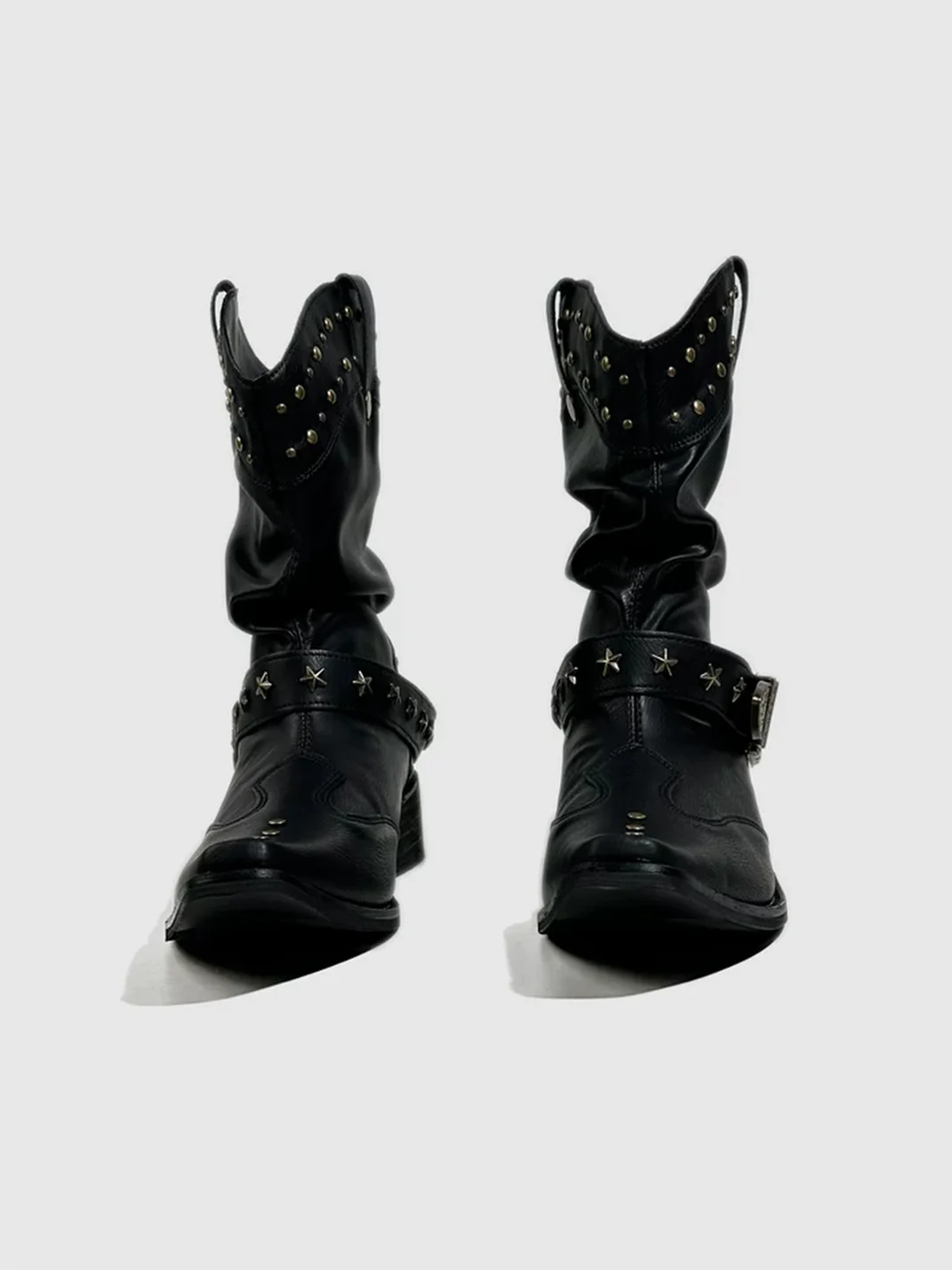 Visual focus | Pointed Toe Studded Buckle Leather Boots