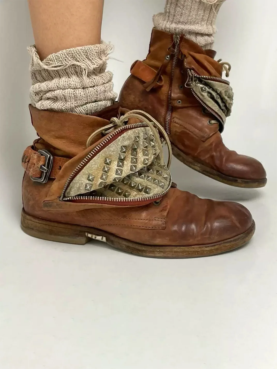 MXBNX | Distressed Brown Studded Zip Buckle Ankle Boots