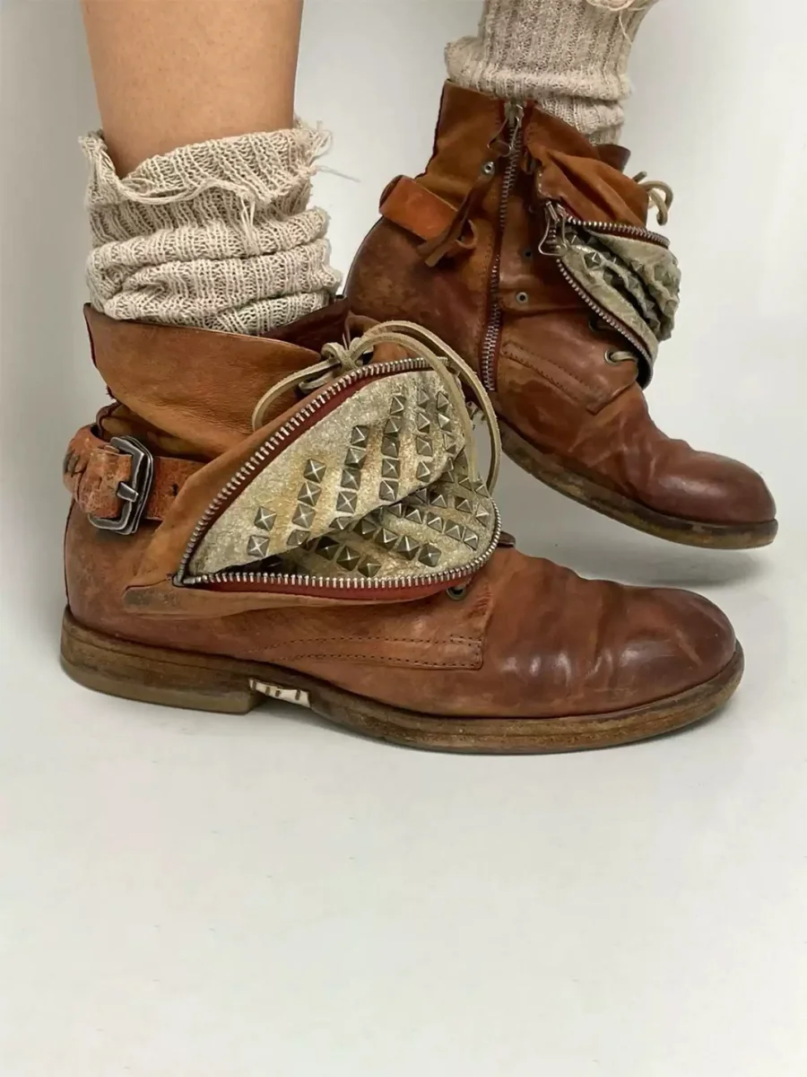 MXBNX | Distressed Brown Studded Zip Buckle Ankle Boots - 2