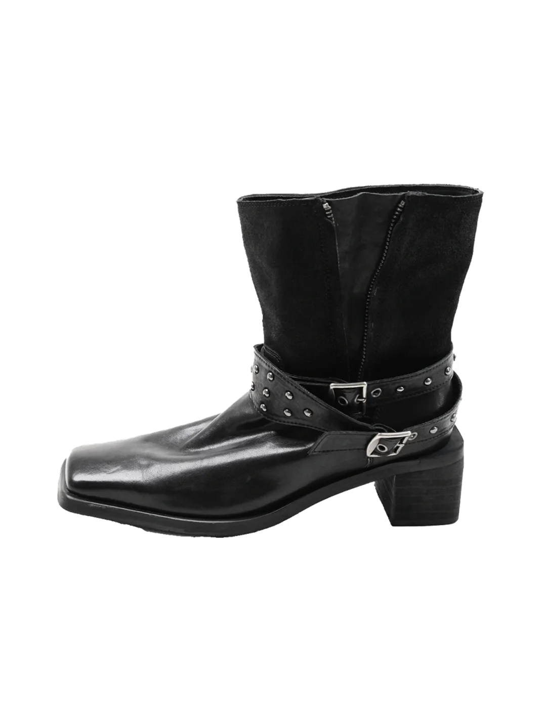 Mooreyu Atelier | Black Square-Toe Studded Buckle Block-Heel Leather Boots