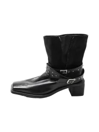 Mooreyu Atelier | Black Square-Toe Studded Buckle Block-Heel Leather Boots